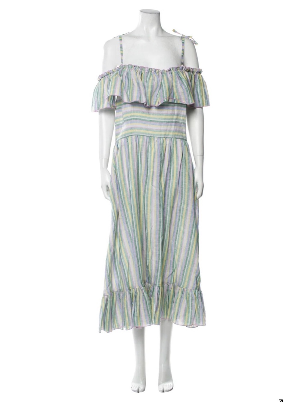 Gul Hurgel NWOT linen Striped Ruffle Midi  Dress - Pastel Stripe